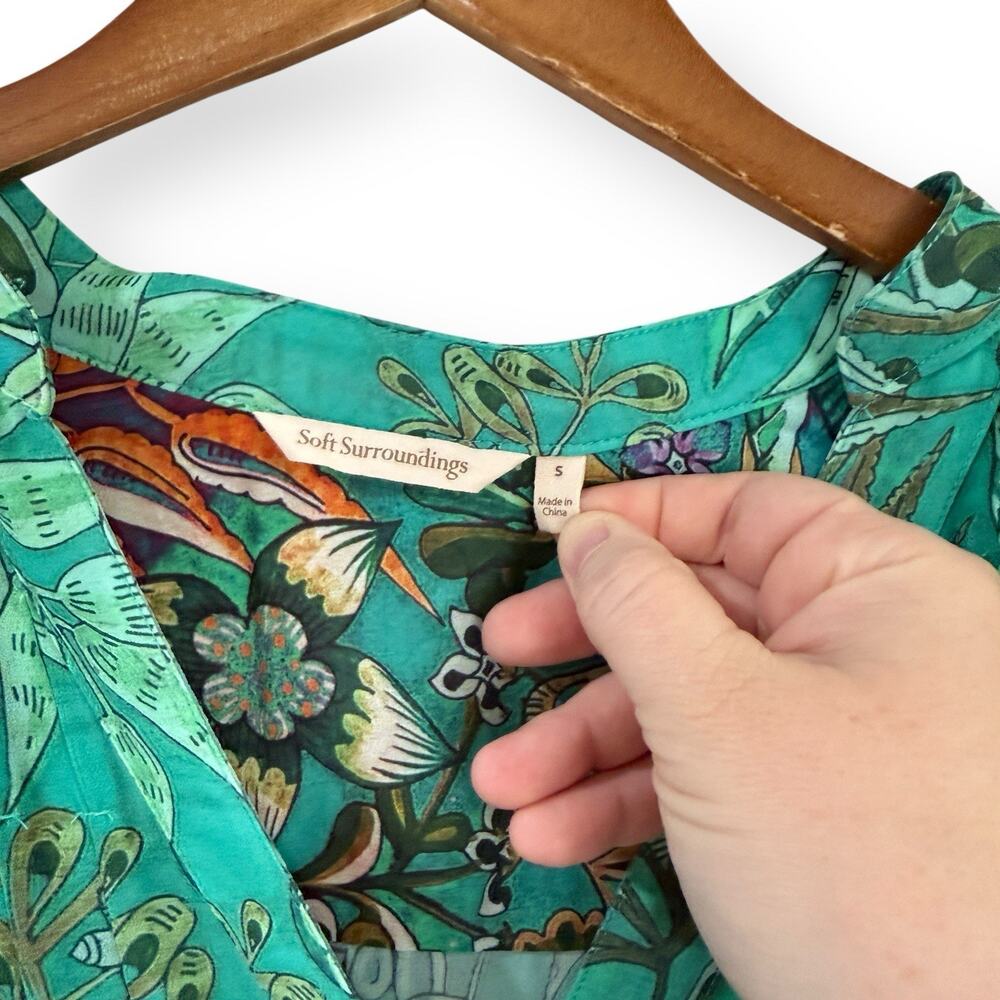 Soft Surroundings Luau Garden Blouse Womens S Green Floral Pintuck Sheer Chiffon - Picture 2 of 8